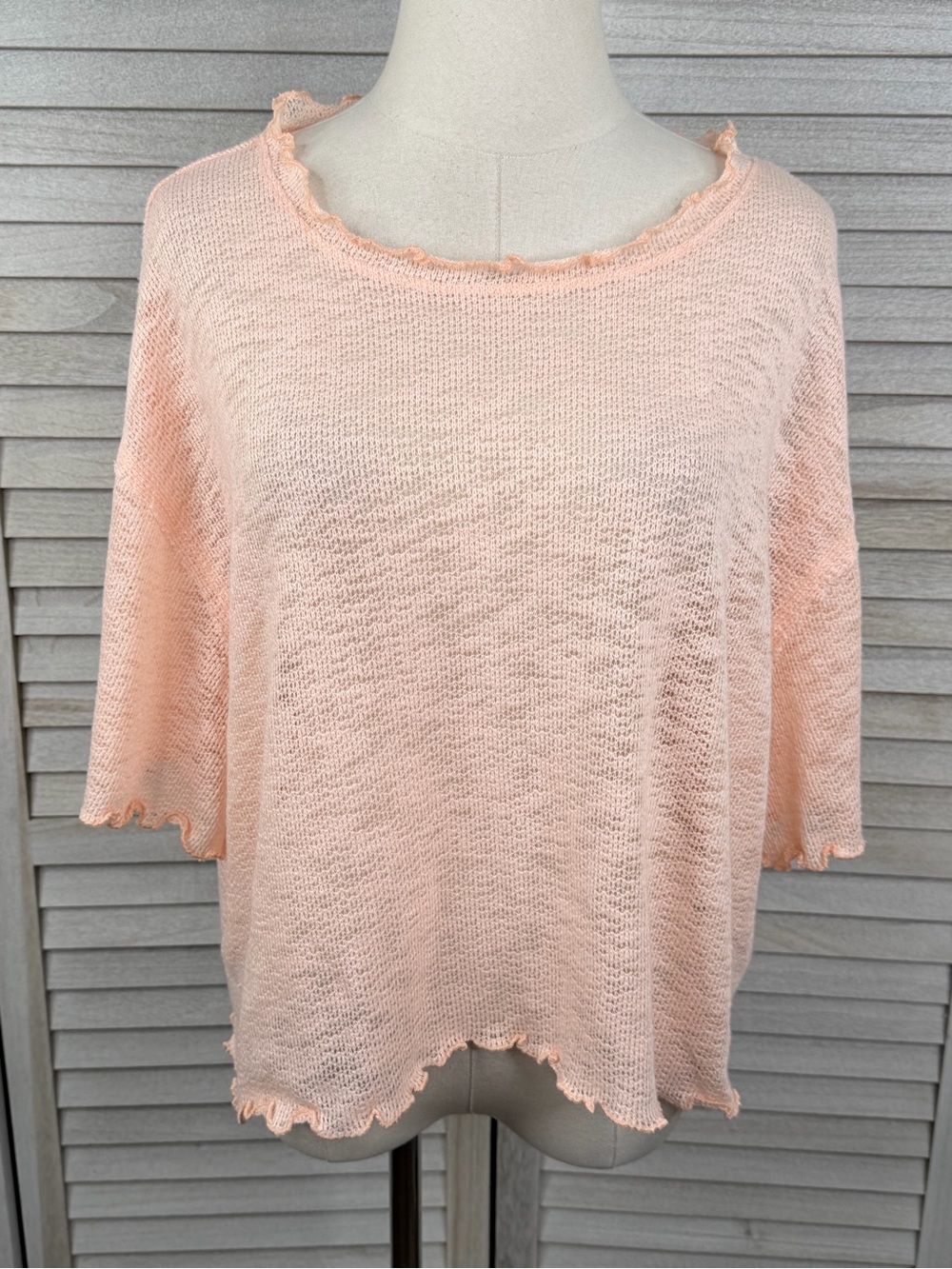 GOOD LUCK GEM Women's Short Sleeve Open Weave Lettuce Edge Sweater Peach-Large